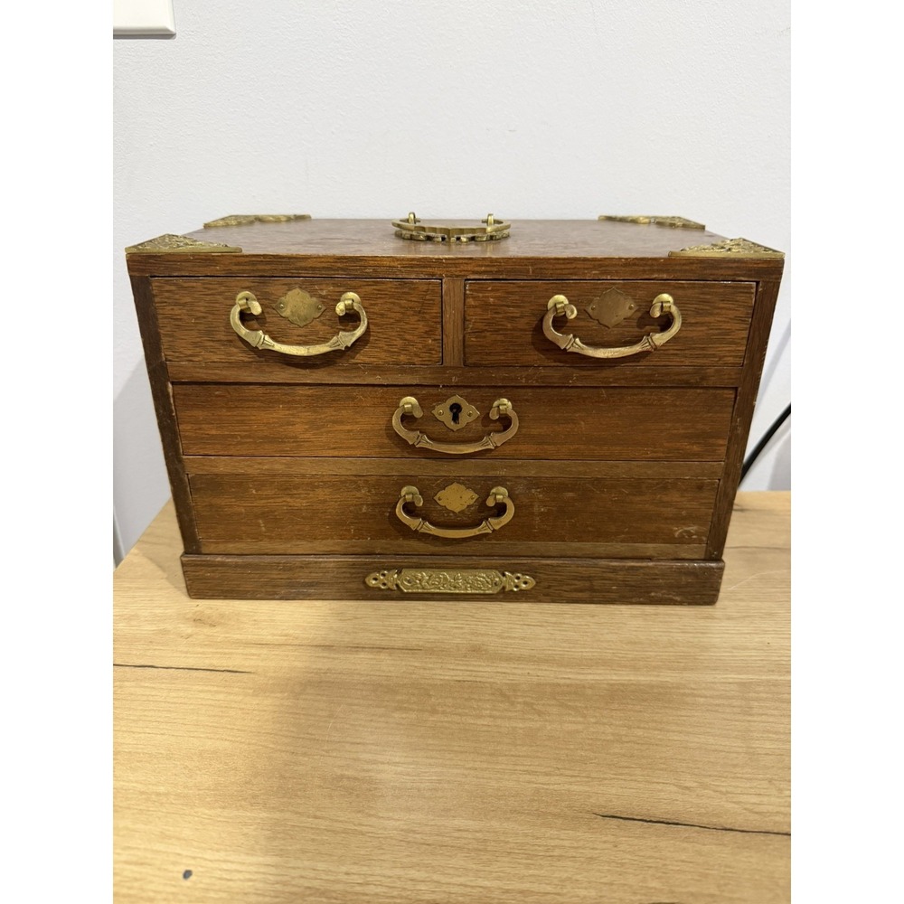 Vintage Brass Japan Tone Ornate Handles & Wood Jewelry Box Case Drawers